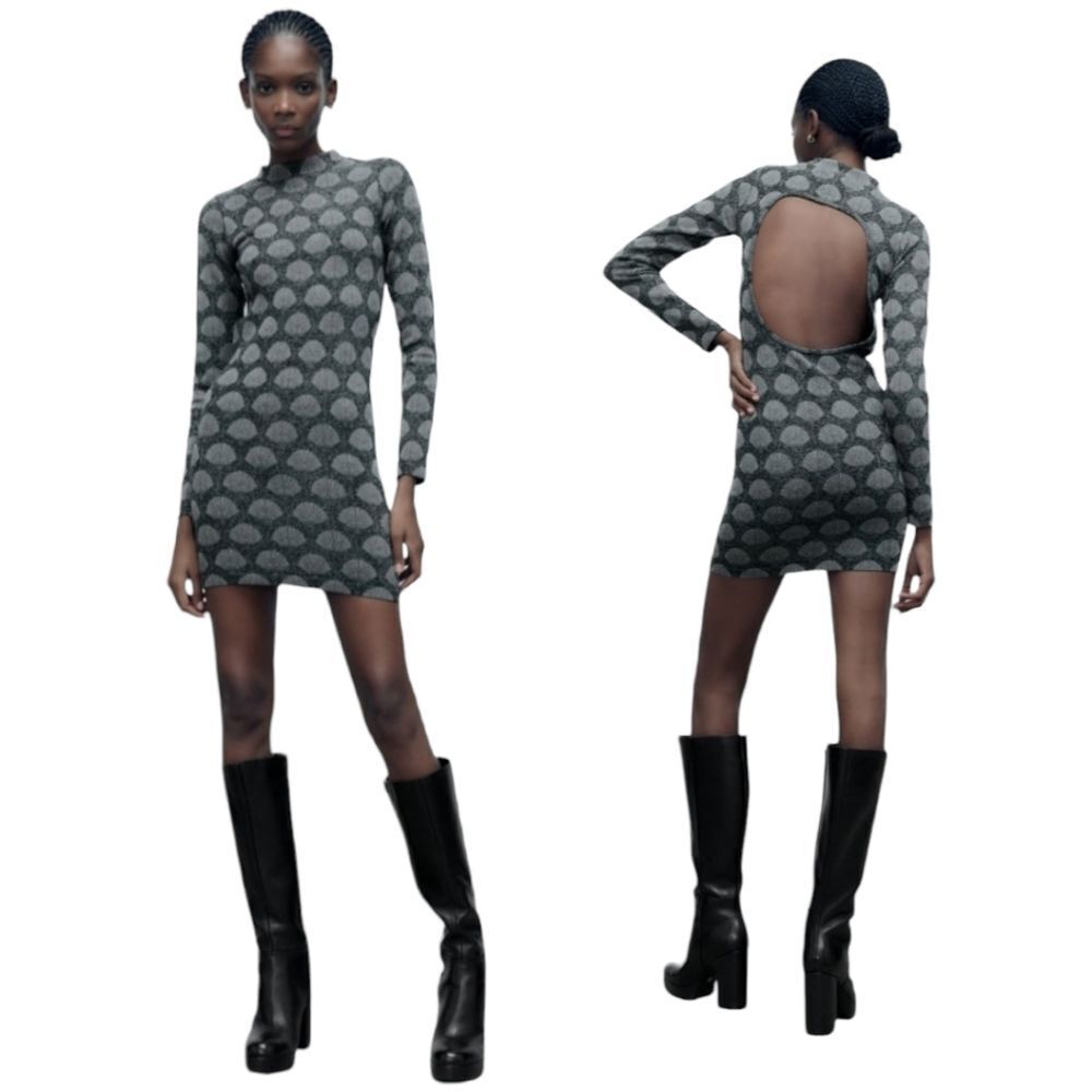 Zara Seamless Jacquard Cut Out Back Print Bodycon Mini Dress US XS-S